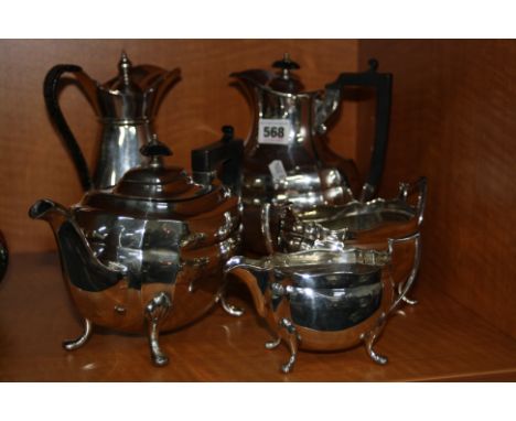 A WALKER & HALL, SHEFFIELD PLATED FOUR PIECE TEA SERVICE, together with plated claret/water jug (5)