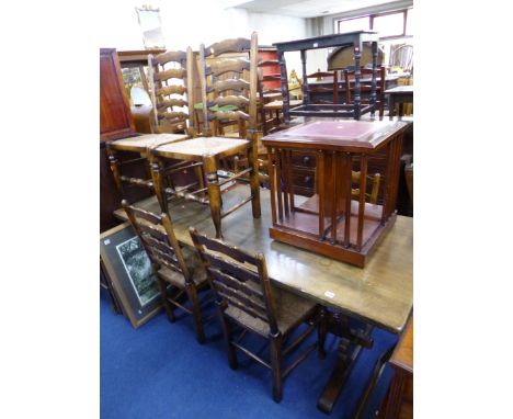 AN OAK REFECTORY STYLE DINING TABLE, and six ladder back rush seated chairs (7)