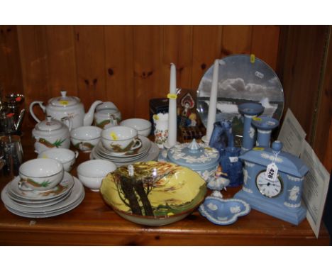 VARIOUS CERAMICS AND GLASS, to include Wedgwood Jasperware Bicentenary clock and a pair of candlesticks (certificates), Royal