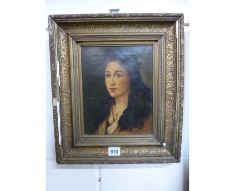 A GILT FRAMED OIL ON CANVAS, portrait study of young woman, monogrammed JP lower right, approximately 24.5cm x 19cm