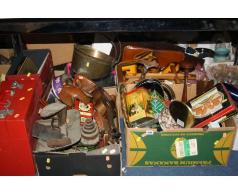 FIVE BOXES OF SUNDRIES, to include jam pans, records, scales, tins, wooden items etc