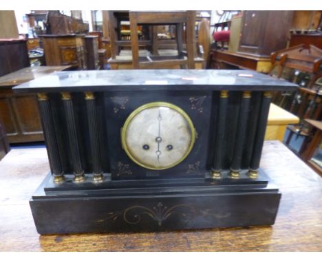 A VICTORIAN BLACK SLATE MANTLE CLOCK, (sd, missing figure/finial to top)