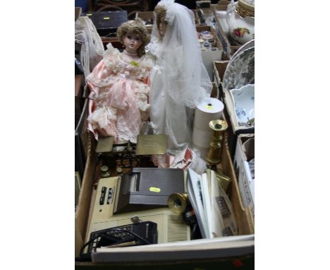 A BOX OF SUNDRIES, to include postal scales, brass candlesticks, collectors dolls, Texas Instrument, etc