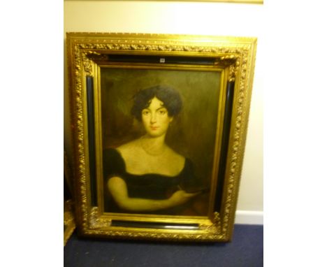 A LARGE MODERN DECORATIVE PORTRAIT PICTURE, of a lady in heavy gilt and ebonised frame, approximate  maximum size width 138cm