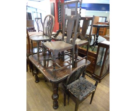 A SET OF FOUR OAK CHAIRS, two wheelback chairs, a firescreen and a piano stool (8)