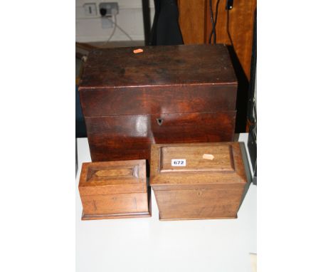 THREE VARIOUS BOXES, to include small inlaid box with leather interior, a tea caddy etc