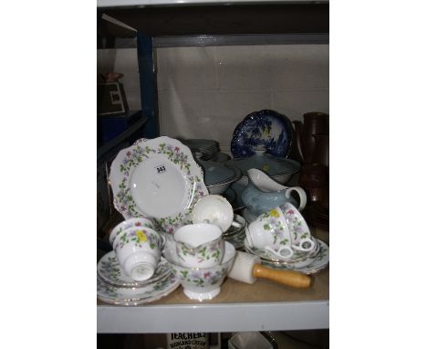 VARIOUS TEA AND DINNERWARES, ROLLING PIN, etc, to include Royal Stafford 'Columbine' (21 pieces) and Royal Doulton 'Forest Gl