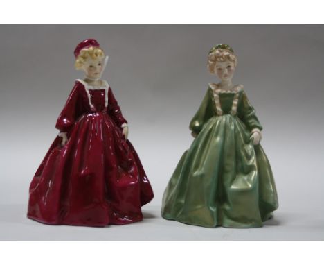 TWO ROYAL WORCESTER 'GRANDMOTHER'S DRESS' FIGURES, No.3081, one green and gold highlights and the other red dress (2)