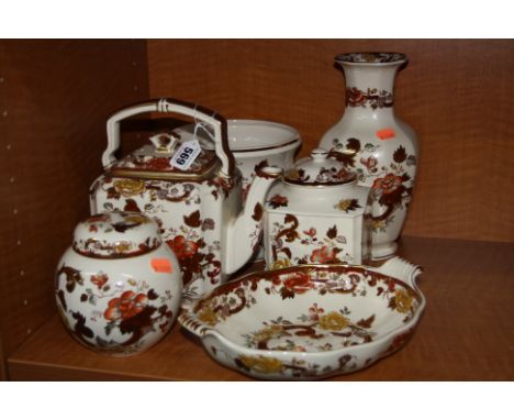 SIX PIECES OF MASONS 'BROWN VELVET', to include tea kettle, ginger jar, tea caddy, jardiniere etc