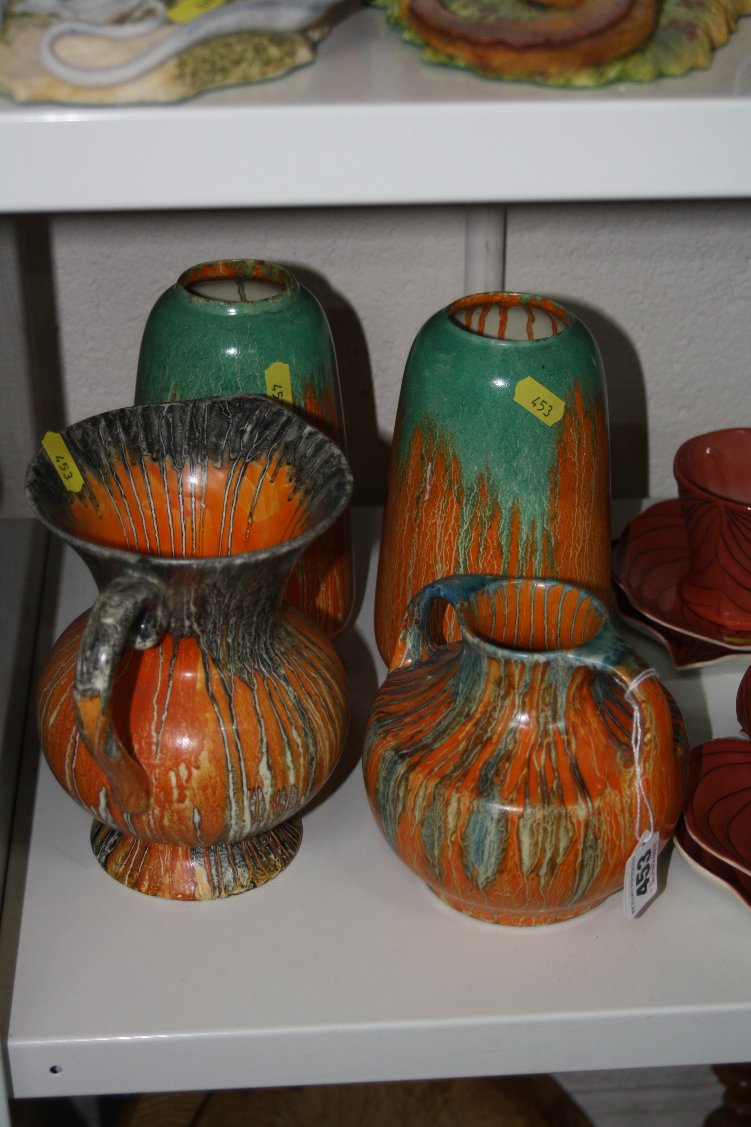 A WADE 'ORCADIA' WARE TWIN HANDLED VASE, a pair of 'Roskyl' vases and a