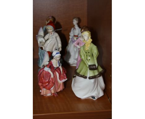 FIVE ROYAL WORCESTER FIGURES, 'November', 'Sweet Anne', 'Morning Walk', 'Winter Waltz' and 'The Parakeet' (af), together with