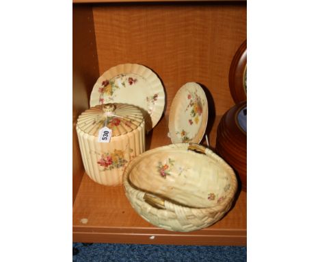 FOUR PIECES OF ROYAL WORCESTER BLUSH IVORY, to include basket weave bowl, G441, biscuit barrel and two plates (4)