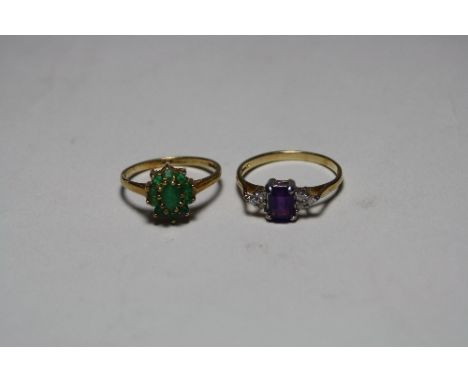 TWO 9CT GOLD RINGS, the first an amethyst and diamond ring, together with a further ring, hallmarks for Birmingham, ring size