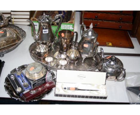 VARIOUS PLATED WARES, to include four piece tea service, tray, boxed letter opener etc