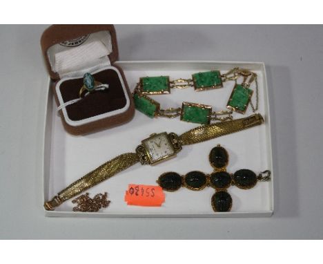 A COLLECTION OF JEWELLERY, to include a ring, bracelet, Victorian scarab cross pendant and watch, ring stamp rubbed, ring siz