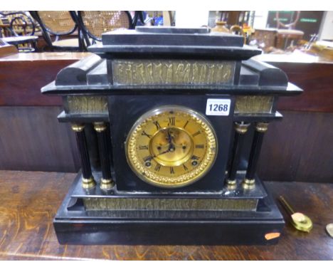 A VICTORIAN BLACK SLATE MANTLE CLOCK, (sd, figure/finial to top missing, etc) (key and pendulum)