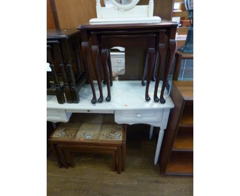 A TEAK TILE TOPPED NEST OF THREE TABLES, and another modern nest of three tables (2)