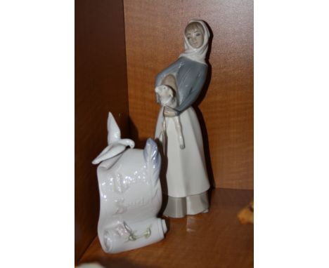A LLADRO FIGURE, girl holding Lamb and 'Lladro Society' namestand (2)