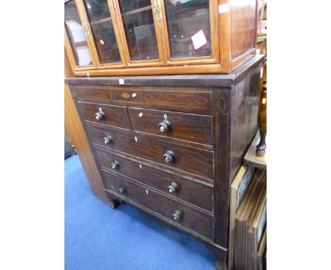 A 19TH CENTURY MAHOGANY INLAID CHEST, of two short and three long drawers and a further two secret drawers, on splayed bracke