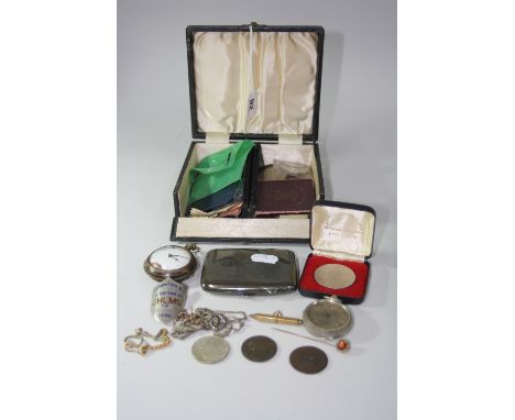 A SMALL COLLECTION OF ITEMS, to include a pocket watch in a tortoiseshell paircase, (af) coins, stick pin, silver cigarette c