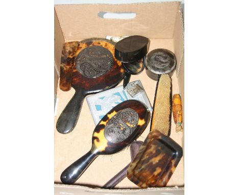 A BOX OF MIXED ITEMS, to include brushes with pierced dragon decoration, mirrors, lighter, Egypt 1946 souvenir cigarette case