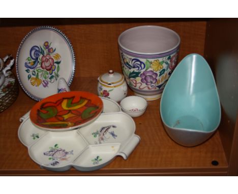 A GROUP OF POOLE POTTERY, to include hors d'oeuvres 'Fish and Crustacean' jardiniere, 'Agean' plate etc, various backstamps (