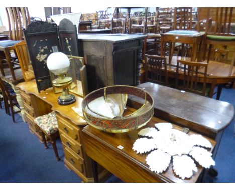 A VICTORIAN BRASS OIL LAMP, (converted to electricity), a small Oriental two fold screen, a triple gilt framed mirror, a larg