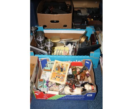 TWO BOXES OF SUNDRIES, to include cigarette cards, puppet, metalwares, Coronation calendar 1953 etc