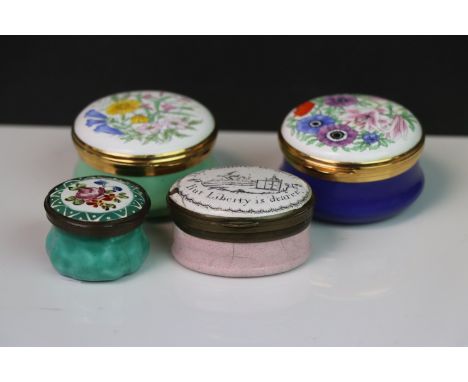 Two antique Georgian enamel patch boxes one reading "My country is dear but liberty is dearer" together with two others.