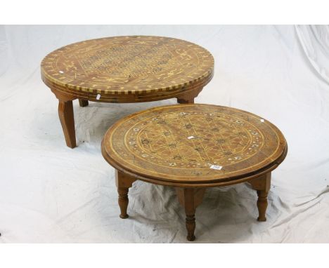 Two Middle Eastern Mother of Pearl Inlaid Circular Coffee Tables, 71cms diameter and  82cms diameter