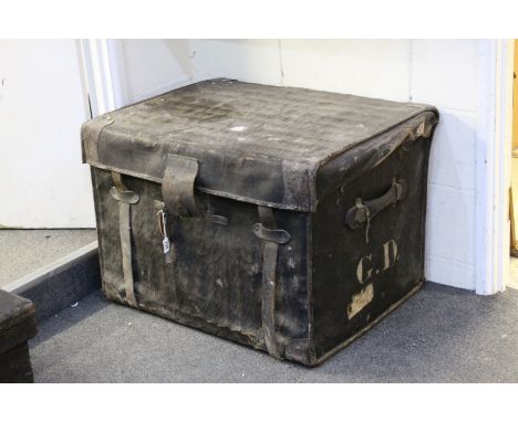 Large 19th century Wicker Canvas Covered Travelling Trunk with Leather fittings, 81cms wide x 60cms high 