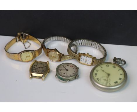 A small collection of vintage watches to include a trench type wrist watch and a top wind pocket watch.