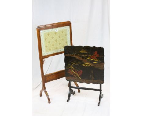 Early 20th century Folding Table decorated with a Japanese Lacquered Scene, 55cms wide together with a 19th century Satinwood