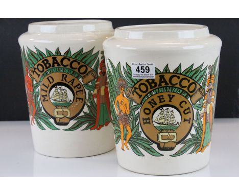 Two vintage ceramic tobacco jars 'Honey Cut' and 'Mild Rapee', approx. 24cm x 19cm