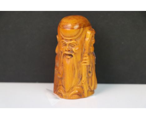 Bone netsuke figure of an old man with stake and gold