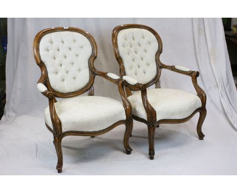Pair of  ' The Stuart Jones Collection ' Victorian Style Button Back Armchairs, upholstered in cream fabric