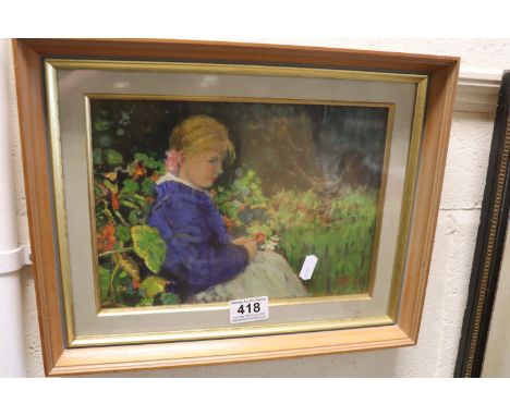 Rita Greig, 20th century portrait of a seated girl with flowers, initialled 'RG' with artist biography verso, approx. 19cm x 