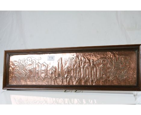 Art &amp; Crafts Copper Pokerwork ' Welcome ' Sign / Panel, framed, 68cms x 19.5cms