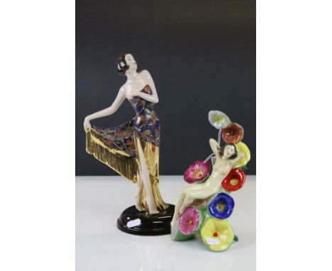 Carltonware Art Deco Style Figurine ' The Carlton Girl Hollyhocks ' 23cms high together with Coalport Figurine ' Art Deco The