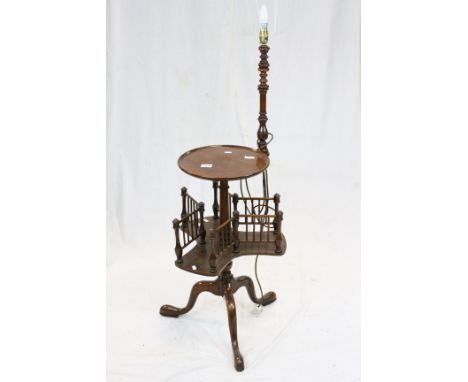 *Mahogany Lamp Table, the circular table top with raised rim, a turned lamp stand affixed to a revolving mechanism, the table