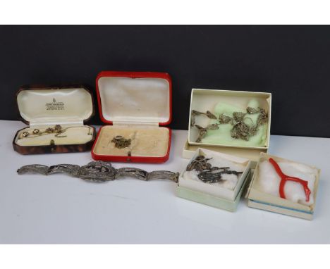 Group of antique and other brooches, a white metal Eastern bangle &amp; three necklaces