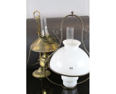 Early 20th century lacemakers oil lamp converted to electricity &amp; a hanging oil lamp with shade and chimney (2)