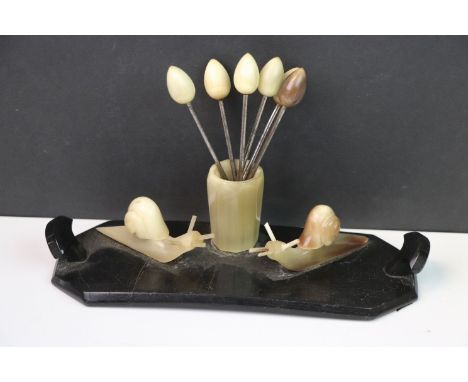 Art Deco Horn &amp; Bakelite Escargot Fork Holder with Six Forks, the stand set with two horn snails