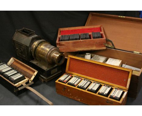 Vintage Magic lantern "The Praestantia Riley Bros Bradford" with wooden box etc and three boxes of pictorial glass slides of 