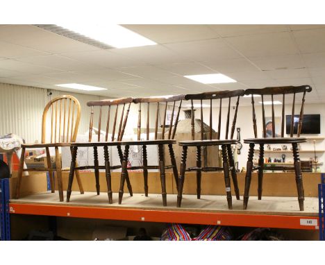 Set of Four 19th / Early 20th century Stick Back Dining Chairs with Solid Circular Seats together with a 19th century Elm Sea