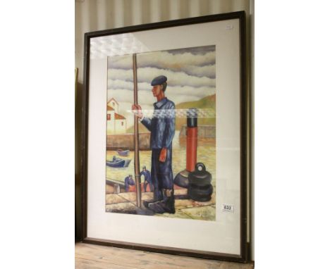 Signed oil painting portrait of a basque fishermam on a quayside 