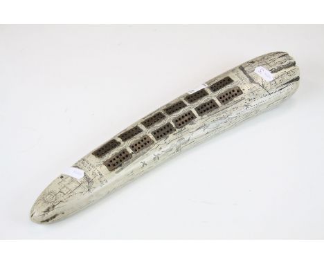 Faux  Resin Scrimshaw style Cribbage Board, 37cms long