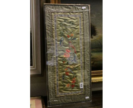 Chinese silk embroidery panel with exotic birds and blossoms 