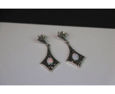 Pair of silver marcasite and opal Art Deco style drop earrings 