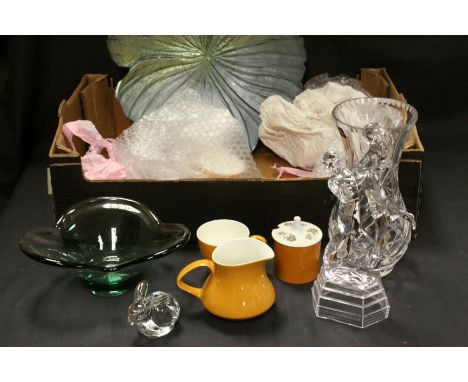 Box of ceramics and glassware including Poole Pottery coffee set, Royal Doulton etc 